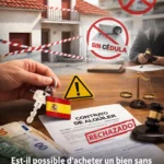 Maison espagnole avec panneau de vente et documents administratifs manquants Cédula de Habitabilidad.