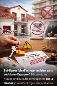 Maison espagnole avec panneau de vente et documents administratifs manquants Cédula de Habitabilidad.