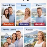 Français propriétaires Espagne : couple Sophie Marc à Barcelone, Anna Alicante, Pierre Marbella, famille Dubois Valence, Coralie Ténérife.