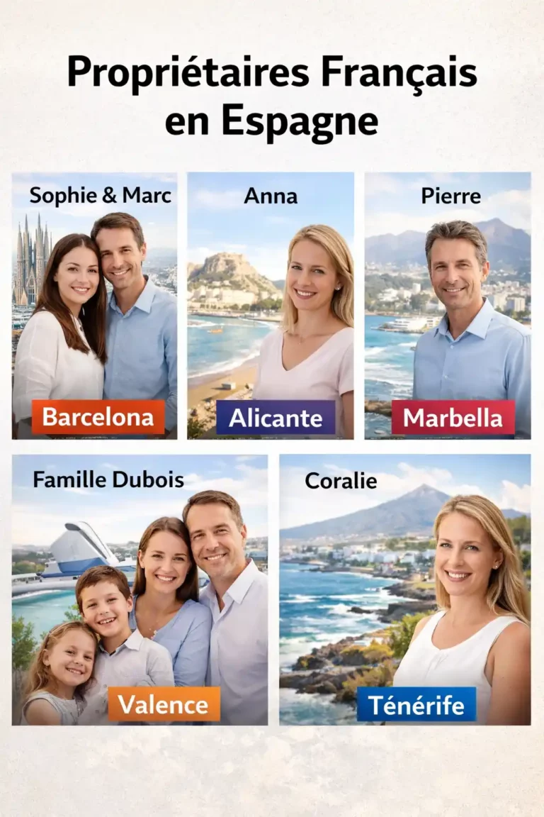 Français propriétaires Espagne : couple Sophie Marc à Barcelone, Anna Alicante, Pierre Marbella, famille Dubois Valence, Coralie Ténérife.