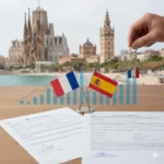 Drapeau français et espagnol croisés sur des documents juridiques (NIE, Escritura), une main tenant une clé de maison sur fond urbain de Barcelone et Séville.