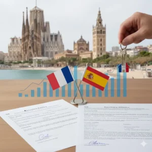Drapeau français et espagnol croisés sur des documents juridiques (NIE, Escritura), une main tenant une clé de maison sur fond urbain de Barcelone et Séville.