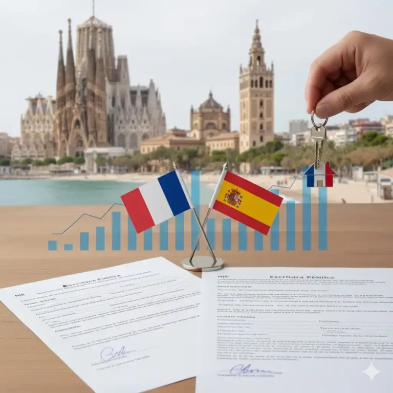 Drapeau français et espagnol croisés sur des documents juridiques (NIE, Escritura), une main tenant une clé de maison sur fond urbain de Barcelone et Séville.