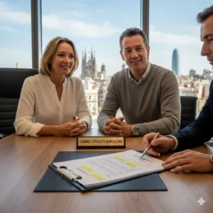 Couple d'investisseurs signant un contrat de vente immobilière avec un avocat à Barcelone, vue sur la Sagrada Familia.