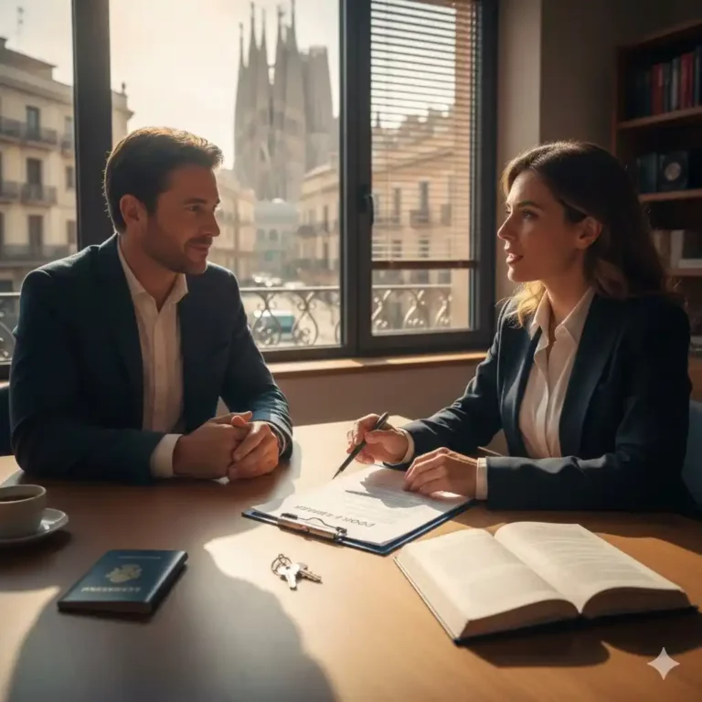 Avocat francophone conseillant un client pour un achat immobilier en Espagne avec vue sur la Sagrada Familia à Barcelone.