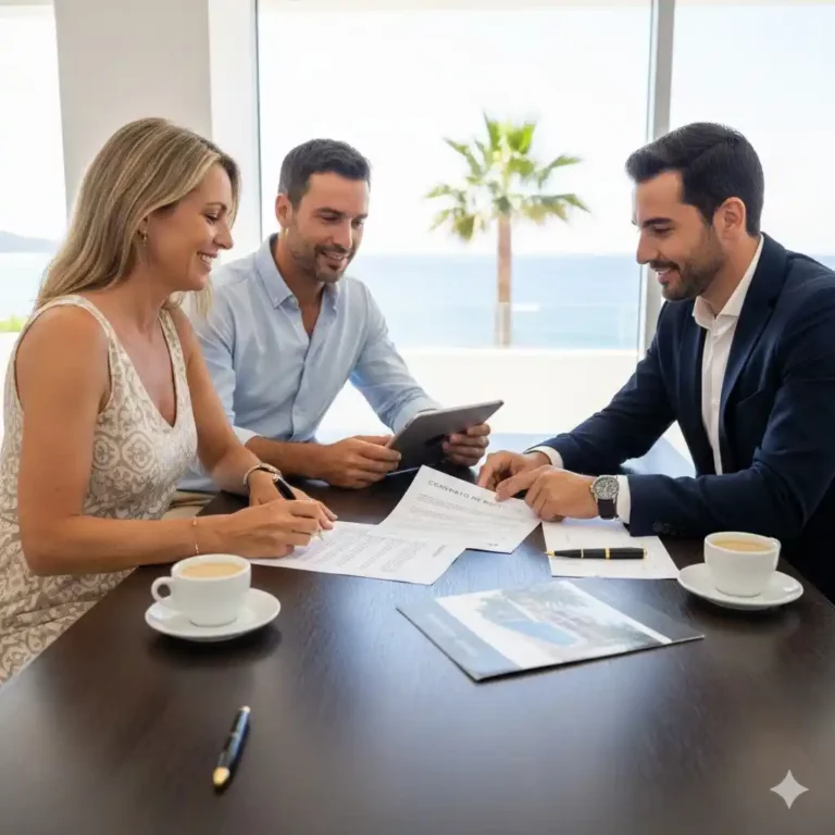 Couple français signant un contrat de réservation immobilier en Espagne avec un conseiller ou avocat, vue mer en arrière-plan.