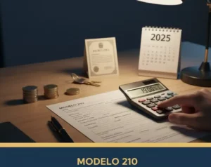Tableau de calcul de l'impôt IRNR en Espagne 2025 avec formulaire Modelo 210, calculatrice et clés de maison.