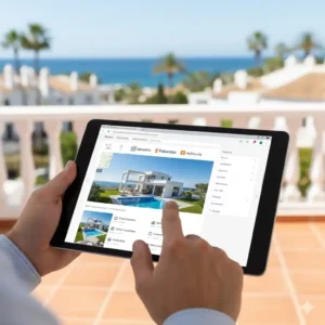 Personne utilisant une tablette pour naviguer sur les meilleurs sites immobiliers espagnols (Idealista, Fotocasa) avec vue sur la Méditerranée.
