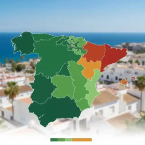 Carte de l'Espagne montrant les zones immobilières les moins chères en 2025, incluant Murcie, Almería et le sud d'Alicante