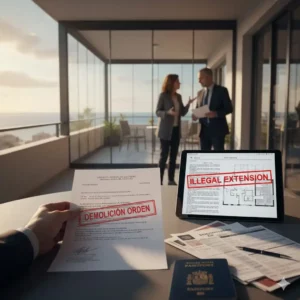 Maison avec un mur en briques fissuré symbolisant le risque de non-conformité et les mètres carrés illégaux dans l'immobilier espagnol.