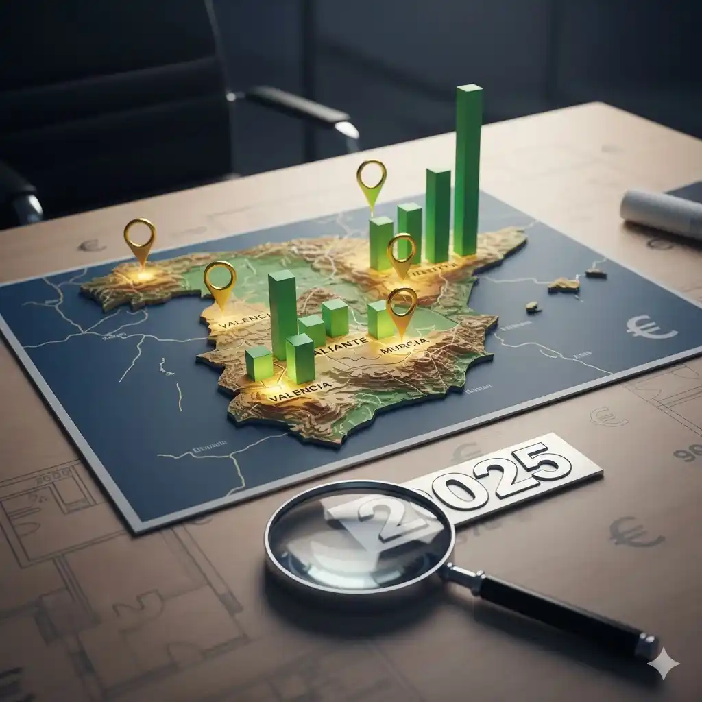 Carte stratégique de l'investissement immobilier en Espagne 2025 : zones à fort rendement (Valence, Alicante, Murcie), graphiques de croissance financière et euros.