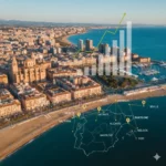 Villa de luxe moderne en Espagne avec piscine à débordement et vue sur la mer, montrant un passeport français et une tablette avec des graphiques financiers pour l'investissement immobilier.