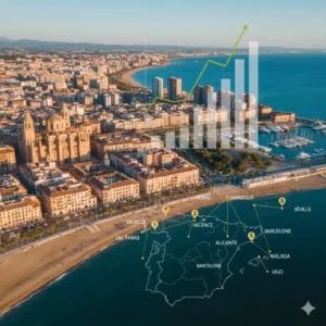 Villa de luxe moderne en Espagne avec piscine à débordement et vue sur la mer, montrant un passeport français et une tablette avec des graphiques financiers pour l'investissement immobilier.