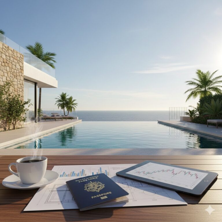 Villa Espagne moderne piscine bord de mer, passeport français, document fiscal et graphique d'investissement immobilier.