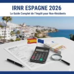 Formulaire Modèle 210 IRNR Espagne, calcul impôts non-résidents sur fond de calculatrice et passeport européen.