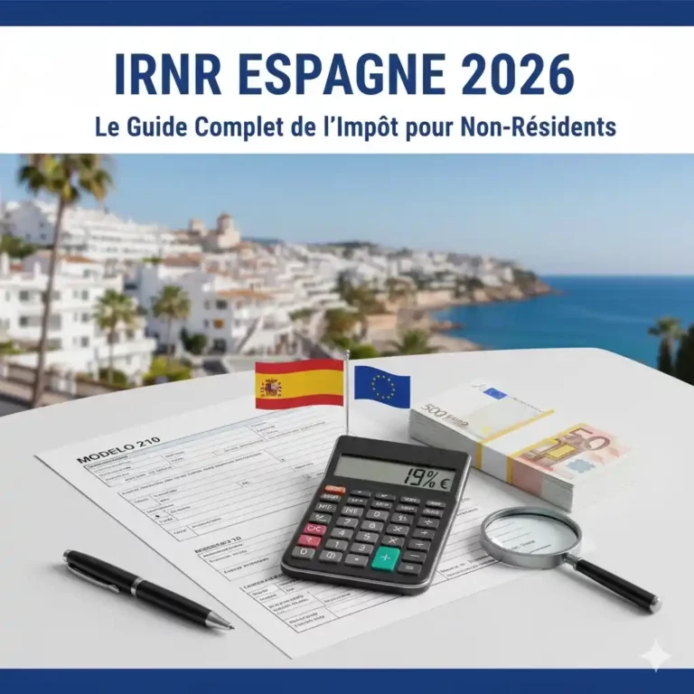 Formulaire Modèle 210 IRNR Espagne, calcul impôts non-résidents sur fond de calculatrice et passeport européen.