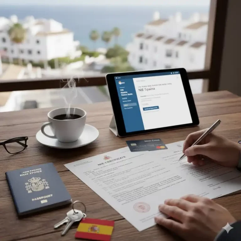 Documents essentiels pour l'achat immobilier en Espagne : Passeport, carte d'identité, formulaire de NIE ou documents bancaires, et une clé, symbolisant l'ouverture de compte bancaire et l'obtention du NIE.