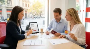 Ouverture d’un compte bancaire en Espagne pour résidents et non-résidents avec présentation des documents d’identité et signature en agence.