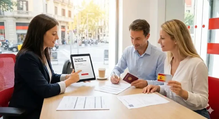 Ouverture d’un compte bancaire en Espagne pour résidents et non-résidents avec présentation des documents d’identité et signature en agence.