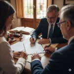 Signature d'une procuration notariale bilingue pour un achat immobilier en Espagne chez un notaire.