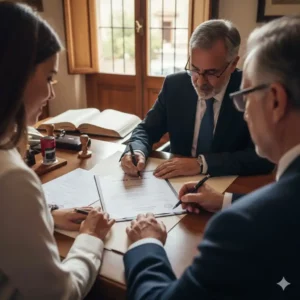 Signature d'une procuration notariale bilingue pour un achat immobilier en Espagne chez un notaire.