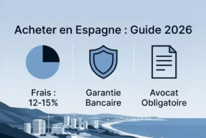 Une infographie professionnelle et épurée en français sur l'achat immobilier en Espagne en 2026.