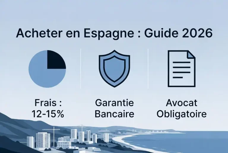 Une infographie professionnelle et épurée en français sur l'achat immobilier en Espagne en 2026.