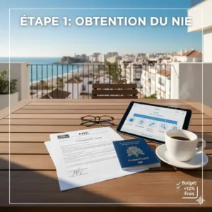 Étapes pour acheter un appartement en Espagne : NIE, passeport et contrat d'Arras sur une terrasse vue mer à Malaga.