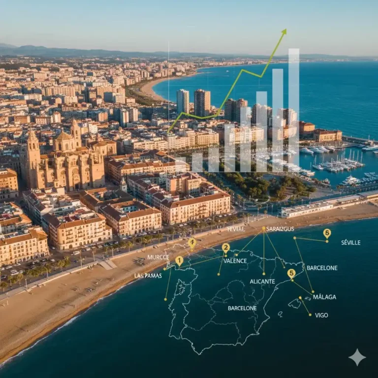 Infographie du marché immobilier en Espagne 2026 montrant une vue aérienne d'Alicante avec un graphique de croissance et une carte des villes clés : Valence, Malaga, Barcelone et Séville.