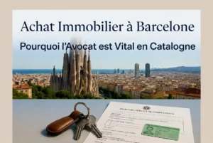 Achat Immobilier à Barcelone : Pourquoi l’Avocat est Vital en Catalogne – Vue de la Sagrada Família avec Escritura Pública, carte NIE et clés de villa