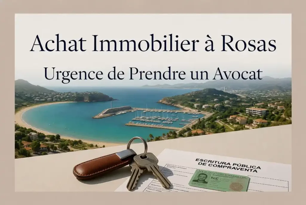 Achat Immobilier à Rosas : Urgence de Prendre un Avocat – Vue panoramique de la baie de Rosas avec Escritura Pública, carte NIE et clés de villa