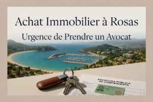 Achat Immobilier à Rosas : Urgence de Prendre un Avocat – Vue panoramique de la baie de Rosas avec Escritura Pública, carte NIE et clés de villa