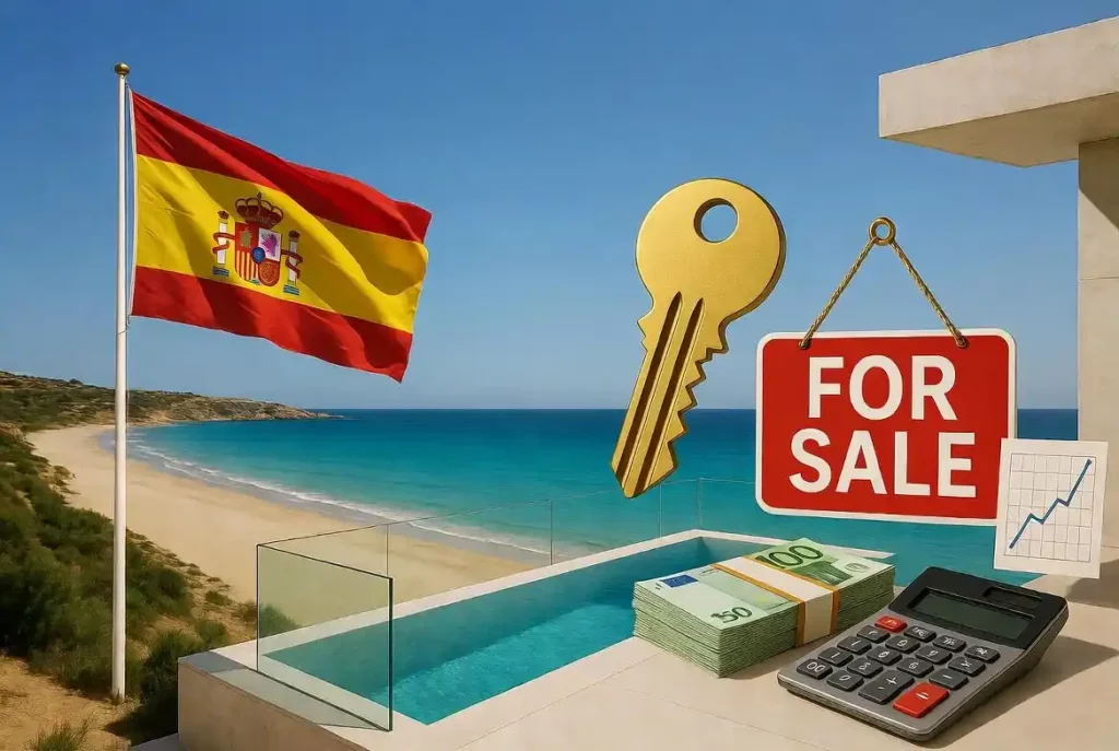 Acheter en Espagne - Villa face à la mer méditerranéenne avec piscine, drapeau espagnol, clé de maison et panneau À VENDRE. Guide complet pour l'achat immobilier en Espagne.
