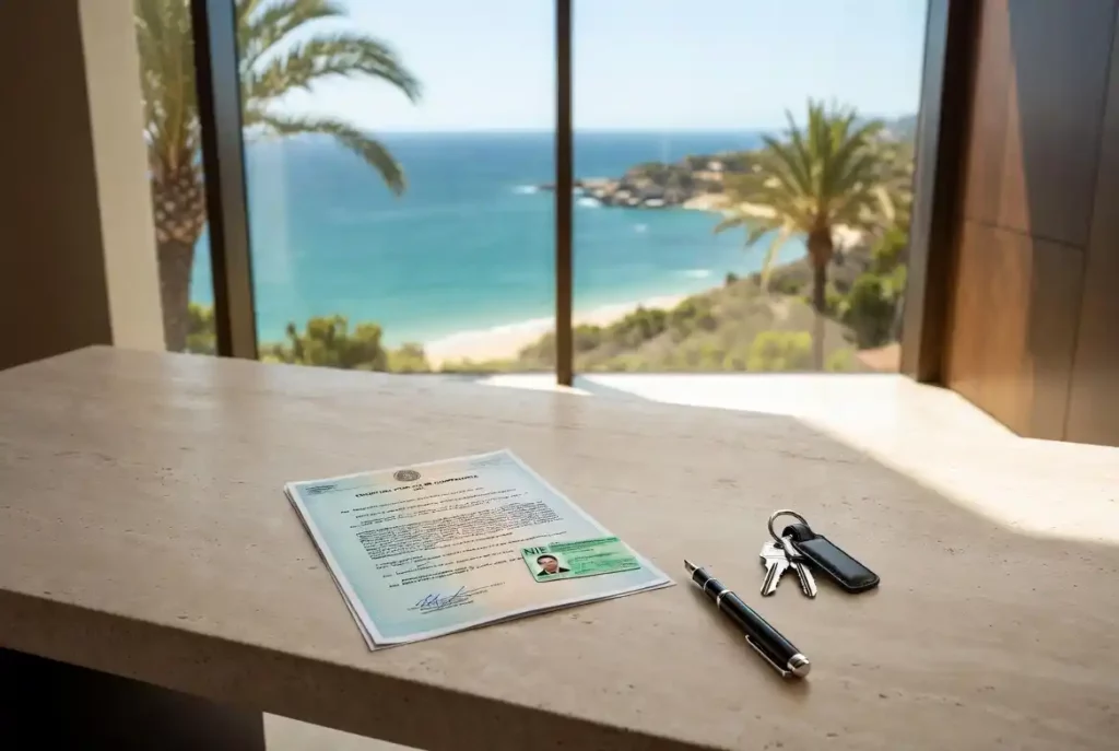 Document officiel Escritura Pública de Compraventa et carte NIE sur un bureau de notaire avec vue mer Méditerranée – Achat immobilier en Espagne