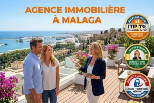 Agence immobilière à Malaga : terrasse moderne avec vue sur le port et la cathédrale, accompagnement sécurisé par Caroline Z et avocats partenaires francophones.