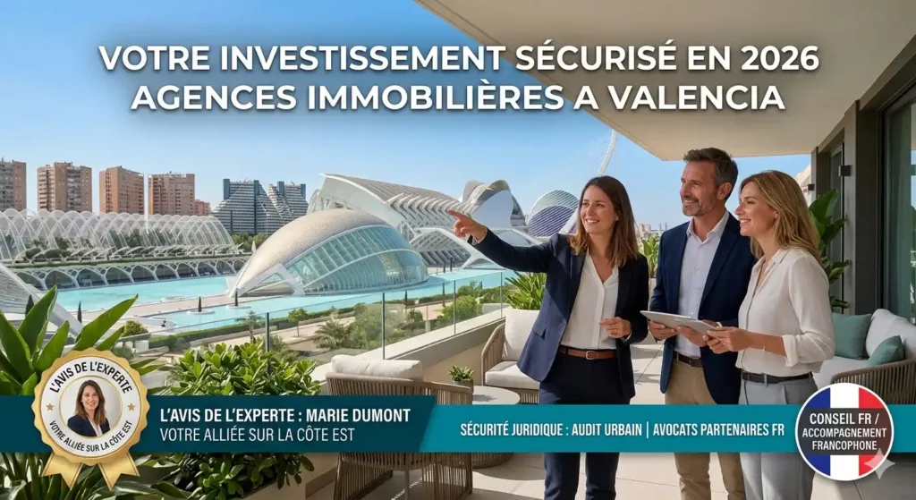 Experte immobilière francophone, Marie Dumont, conseillant un couple d'investisseurs sur une terrasse avec vue panoramique sur la Cité des Arts et des Sciences à Valence. L'image affiche les badges de sécurité juridique et d'accompagnement en français pour 2026.
