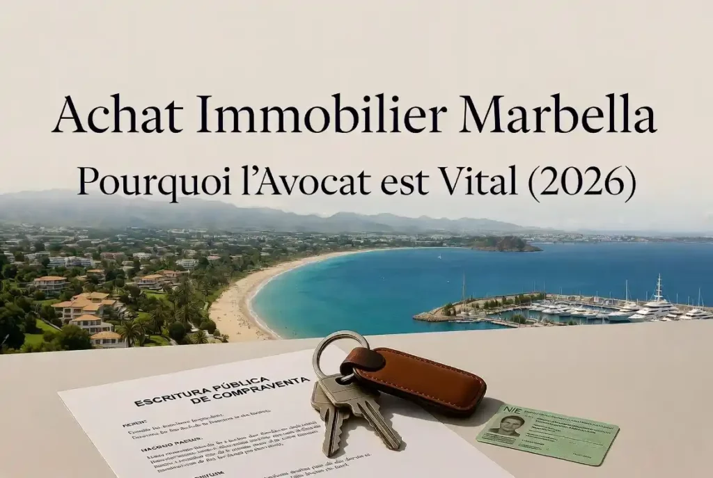 Achat Immobilier Marbella : Pourquoi l’Avocat est Vital (2026) – Vue panoramique de la côte avec Escritura Pública, carte NIE et clés de villa