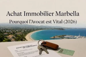 Achat Immobilier Marbella : Pourquoi l’Avocat est Vital (2026) – Vue panoramique de la côte avec Escritura Pública, carte NIE et clés de villa