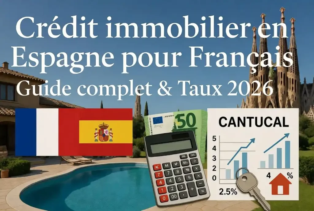 Crédit immobilier en Espagne pour Français : Guide & Taux. Infographie avec drapeaux français et espagnol, villa méditerranéenne, Sagrada Família, billets d'euros, calculatrice et éléments de financement immobilier.