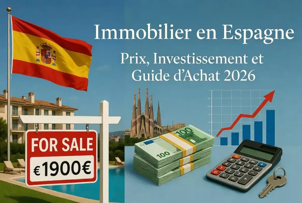 Immobilier en Espagne : Prix, Investissement et Guide d'Achat. Image avec drapeau espagnol, villa méditerranéenne, Sagrada Família, billets d'euros, graphique et clé de maison illustrant les opportunités d'achat et d'investissement.