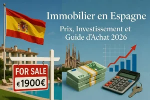 Immobilier en Espagne : Prix, Investissement et Guide d'Achat. Image avec drapeau espagnol, villa méditerranéenne, Sagrada Família, billets d'euros, graphique et clé de maison illustrant les opportunités d'achat et d'investissement.