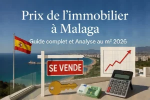 Prix de l'immobilier à Malaga - Guide complet et Analyse au m². Image avec vue sur Malaga, plage, mer, villa moderne, drapeau espagnol, panneau À VENDRE et éléments financiers.
