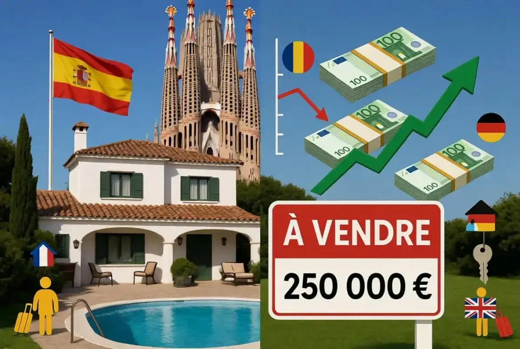 Les étrangers profitent des petits prix immobiliers en Espagne - Analyse 2026. Infographie avec villa méditerranéenne, Sagrada Família, drapeau espagnol et éléments financiers montrant des prix attractifs pour les investisseurs étrangers.