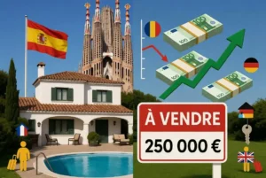 Les étrangers profitent des petits prix immobiliers en Espagne - Analyse 2026. Infographie avec villa méditerranéenne, Sagrada Família, drapeau espagnol et éléments financiers montrant des prix attractifs pour les investisseurs étrangers.