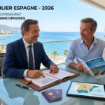 Un avocat francophone en Espagne conseille un couple sur un balcon surplombant la côte méditerranéenne lors d'un achat immobilier sécurisé en 2026. Dossiers juridiques et passports visibles.
