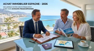 Un avocat francophone en Espagne conseille un couple sur un balcon surplombant la côte méditerranéenne lors d'un achat immobilier sécurisé en 2026. Dossiers juridiques et passports visibles.
