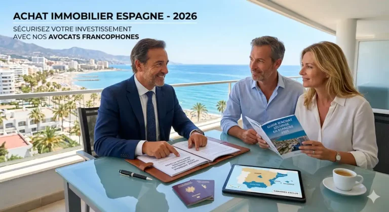 Un avocat francophone en Espagne conseille un couple sur un balcon surplombant la côte méditerranéenne lors d'un achat immobilier sécurisé en 2026. Dossiers juridiques et passports visibles.