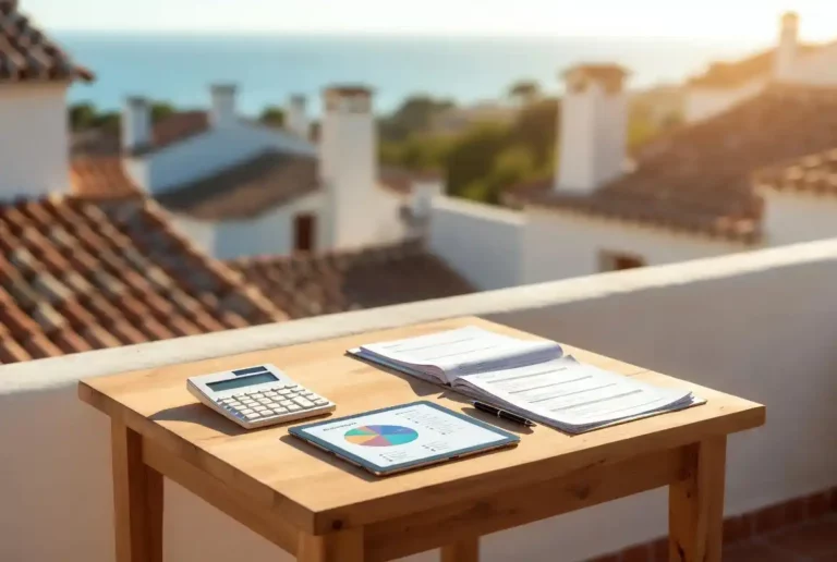 Calcul des frais d'acquisition et taxes pour un achat immobilier en Espagne en 2026. Une tablette affiche un graphique budgétaire à côté d'une calculatrice et de documents juridiques sur une terrasse ensoleillée.