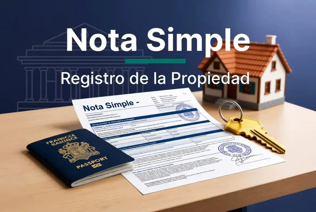 Illustration d'une Nota Simple du Registro de la Propiedad avec un passeport français, une clé de maison et une habitation espagnole, représentant le guide pour acheter en Espagne en tant qu'étranger