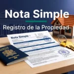 Illustration d'une Nota Simple du Registro de la Propiedad avec un passeport français, une clé de maison et une habitation espagnole, représentant le guide pour acheter en Espagne en tant qu'étranger